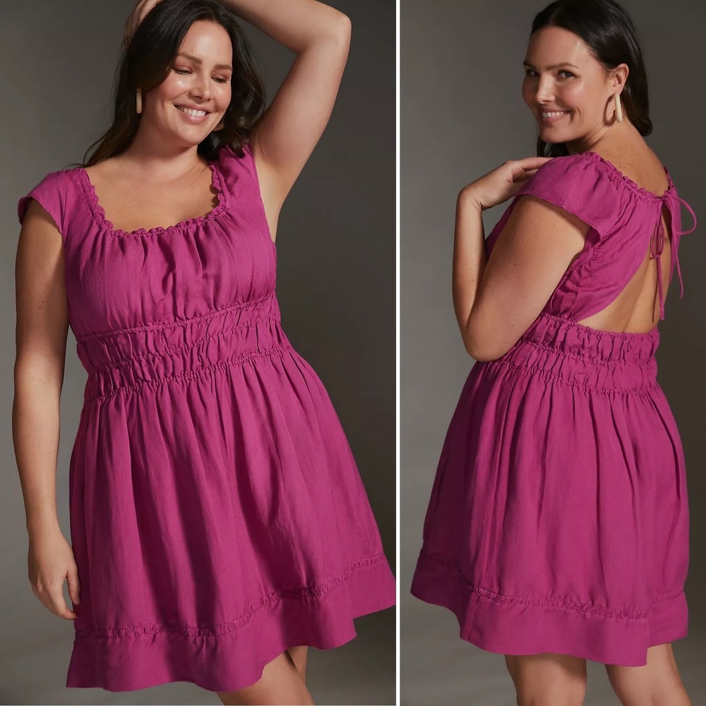 Anthropologie Smocked Waist Mini Dress XL open back cutout tie magenta‎ fuchsia